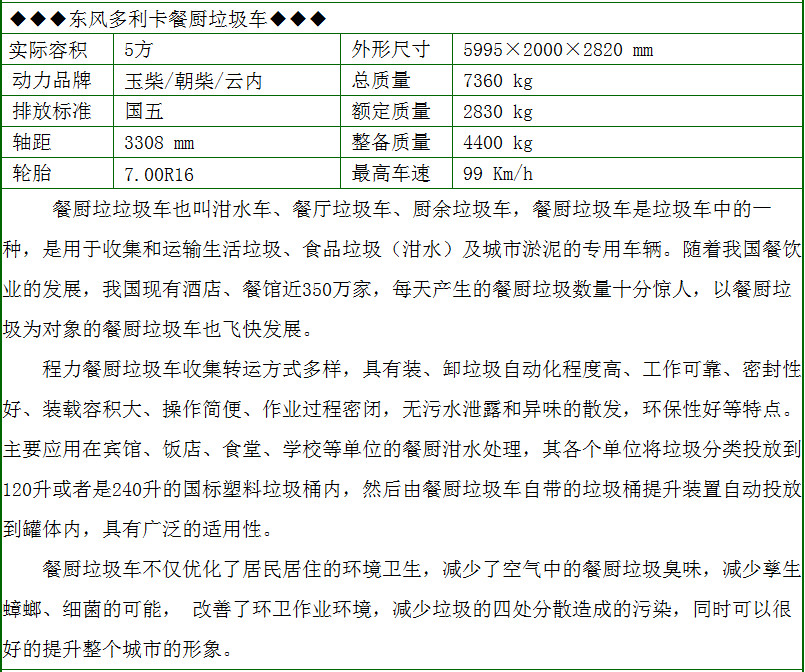 東風(fēng)多利卡5方餐廚垃圾車配置參數(shù)